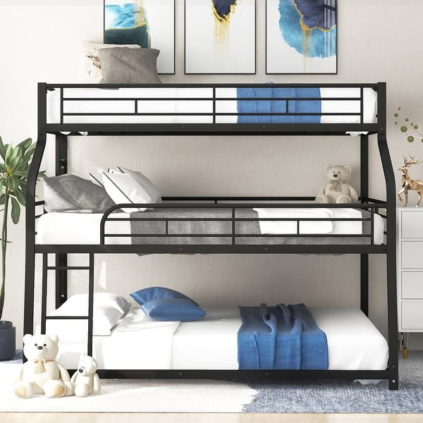 slide 2 of 22, Space-Saving Triple Bunk Bed with Long & Short Ladders and Full-Length Guardrails Black