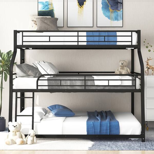 slide 2 of 11, Twin XL//Queen Triple Bunk Bed with Ladder & Guardrails Black