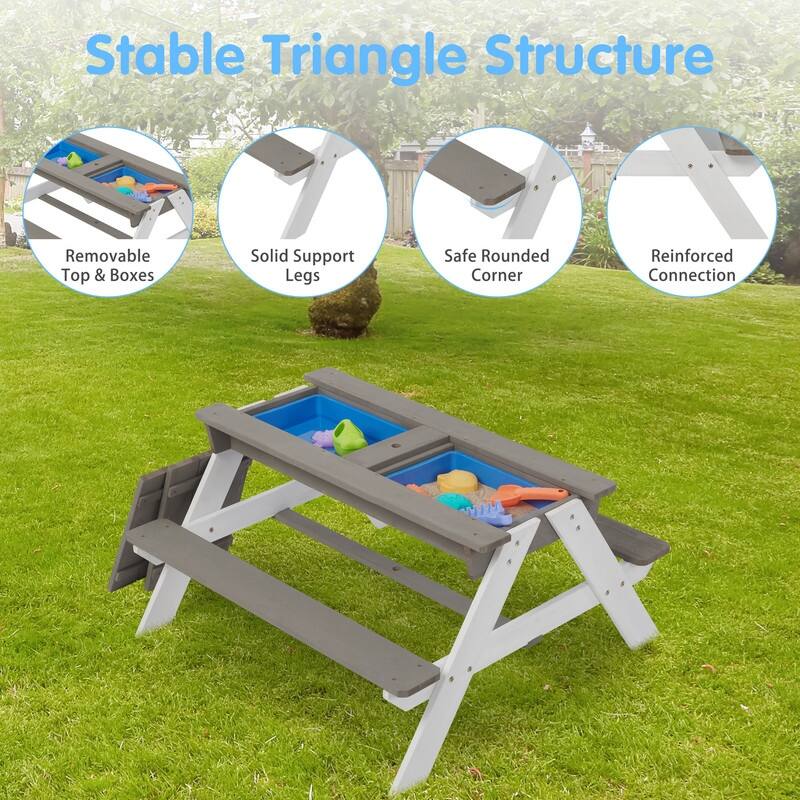 Kids 3-in-1 Sand & Water Table Outdoor Wooden Picnic Tables