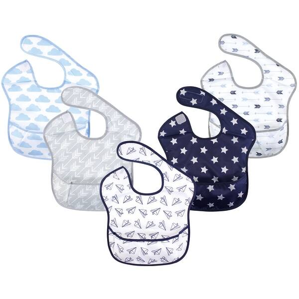 slide 1 of 1, Hudson Baby Infant Boy Waterproof Polyester Bibs 5pk, Paper Airplane, Feeder - Paper Airplane