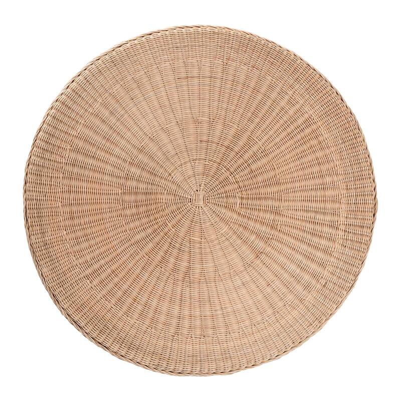 Latoya Natural Rattan Coffee Table - Handwoven Round Wicker Table with Scalloped Apron and Lower Shelf, Coastal Boho Style