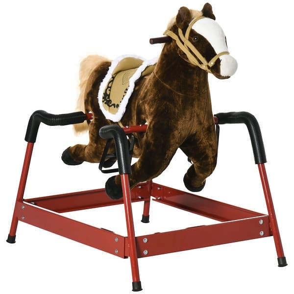 slide 2 of 10, Plush Spring Rocking Horse for Kids, Self-Moving with Sound Effects, Soft Huggable Body, 132 lbs Capacity dark Brown