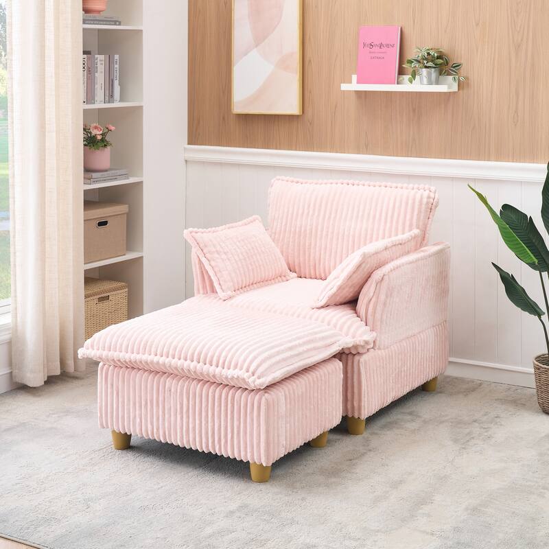 Single Sofa with Ottoman, Comfy Corduroy Upholstered Armchair, Lounge Chair with Throw Pillows for Living Room, Balcony