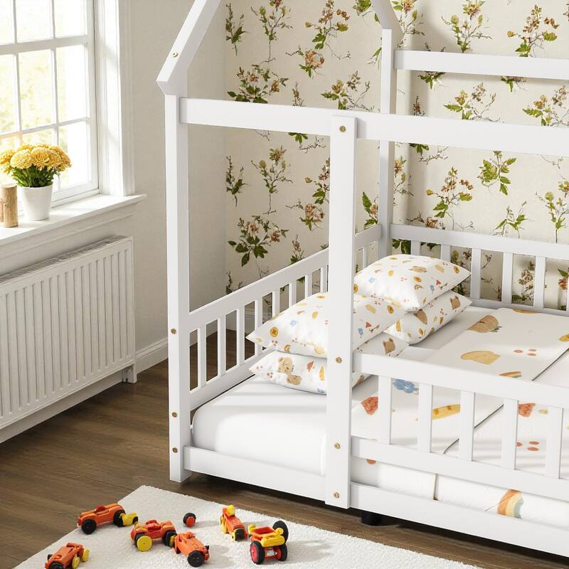 Full Size House Floor Bed with Roof Frame and Guardrails, Solid Wood Montessori Bed for Kids with Fence Design