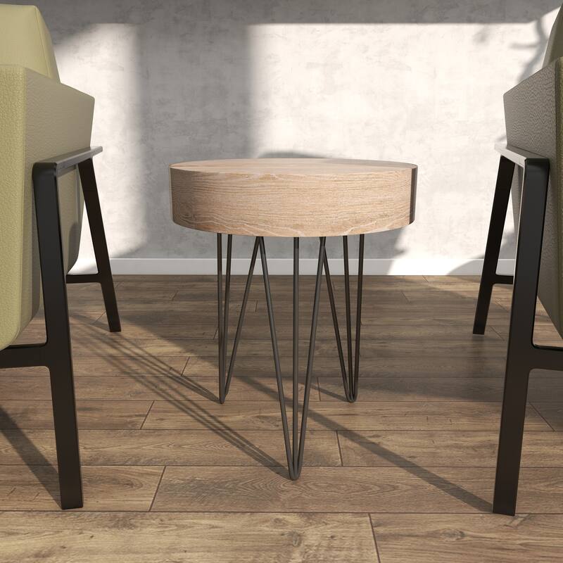 Brown Wooden Accent Table with Black Metal Hairpin Legs - 16 x 16 x 19Round