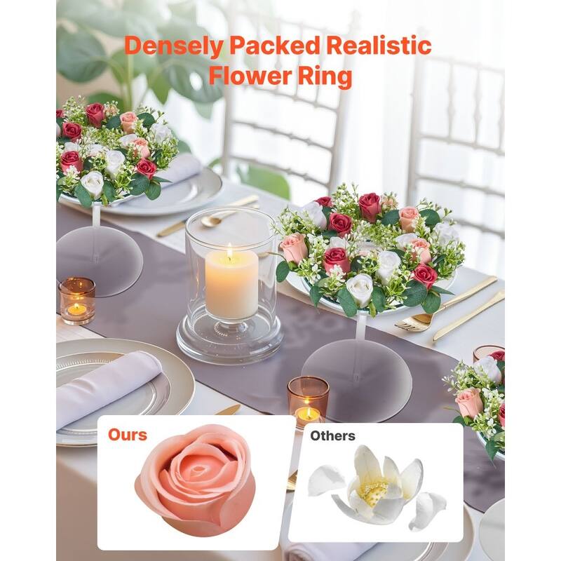 Pink White Silk Rose Wreath Centerpieces Set of 10 with Base - 13.4 x 13.4 x 3.5 inch