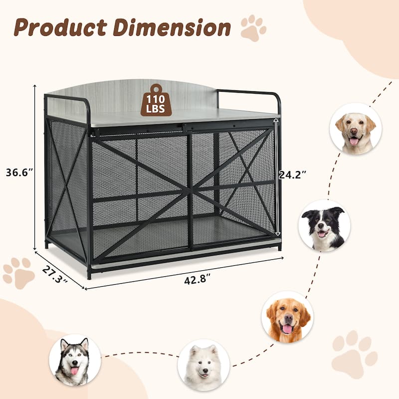 42.8" Heavy Duty Large Dog Crate Furniture, Farmhouse Wooden Dog Kennel Indoor End Table
