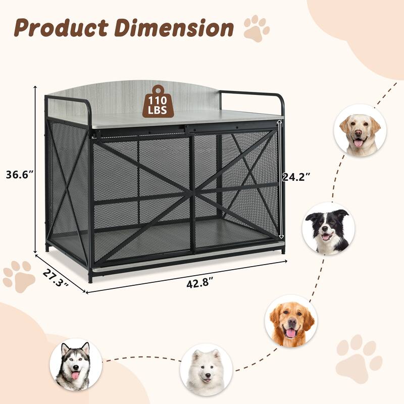 Wood Large Dog Crate Furniture with Curved Back Panel and Sliding Door, Dog Kennel Indoor End Table, Decorative Pet House
