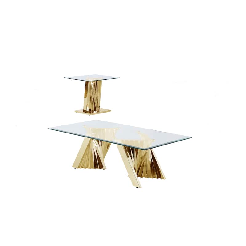 Best Quality Furniture Modern Glass Coffee Table Sets w/ Spiral Base - Coffee Table + End Table - Gold - Glass
