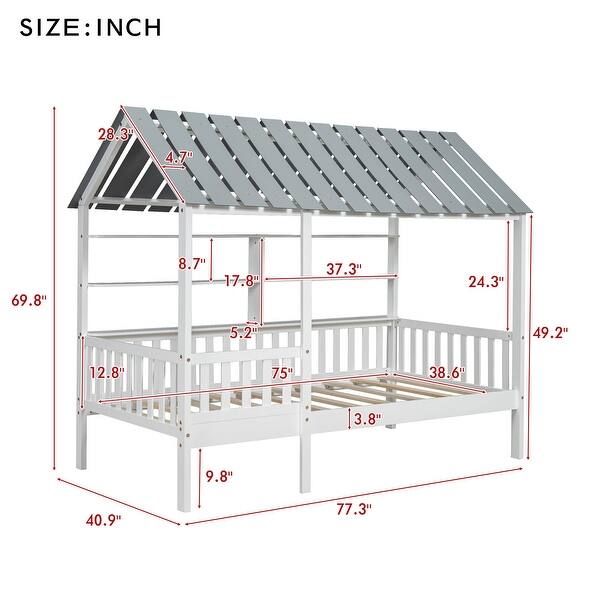 Wood Twin Size House Bed with Roof, Guardrail, and 2-Tier Storage Shelves, Sturdy Pine Frame, Easy Assembly, White