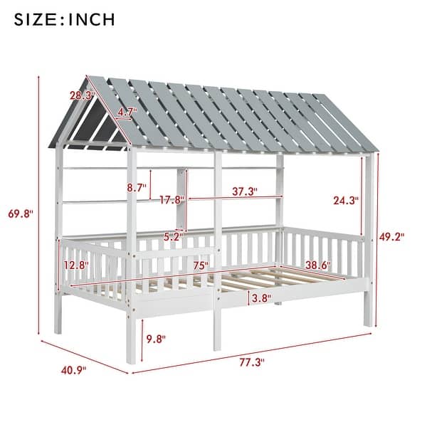 Wood Twin Size House Bed with Roof, Guardrail and Shelves