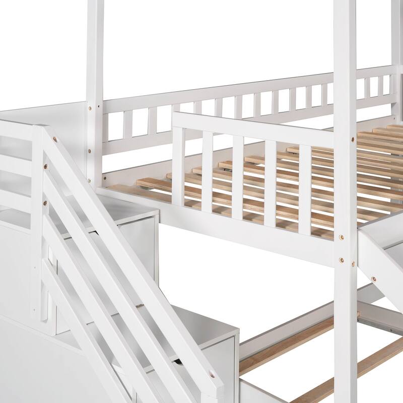 White Twin Over Twin Solid Pine Wood House Bunk Bed with Two Drawers and Slide, Storage Steps