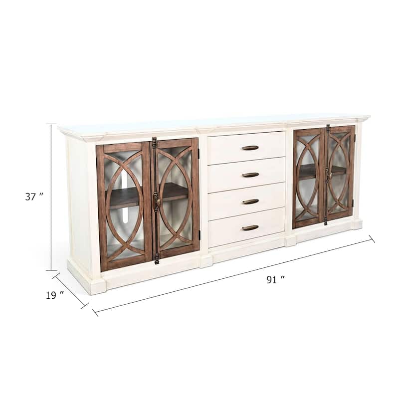 Camie TV Media Console, 4 Glass Cabinet Doors, White Solid Wood, 91 Inch