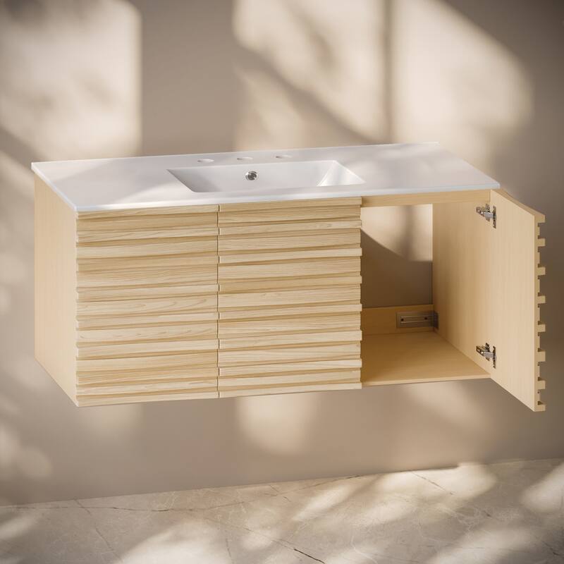 Cascade 48" Wall-Mounted Bathroom Vanity In Natural Oak With 3-Hole Widespread Sink Top - 48