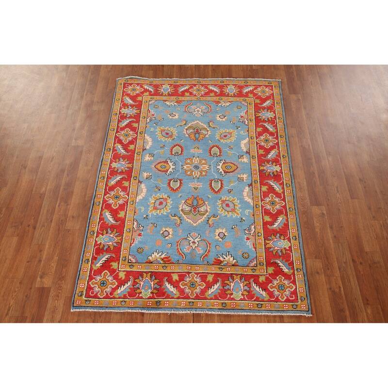 Light Blue Floral Kazak Oriental Area Rug Hand-Knotted Wool Carpet - 4'1"x 6'0"
