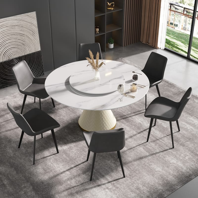 59'' Round Marble Dining Table with Solid Wood Pedestal