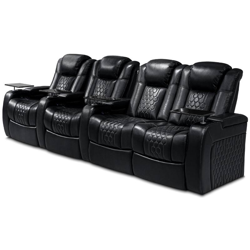 Roomfitters 124.4" Power Recliner 4-Piece Set, Top-Grain Nappa Leather, 21-Color RGB LED & USB-C Charging, Black