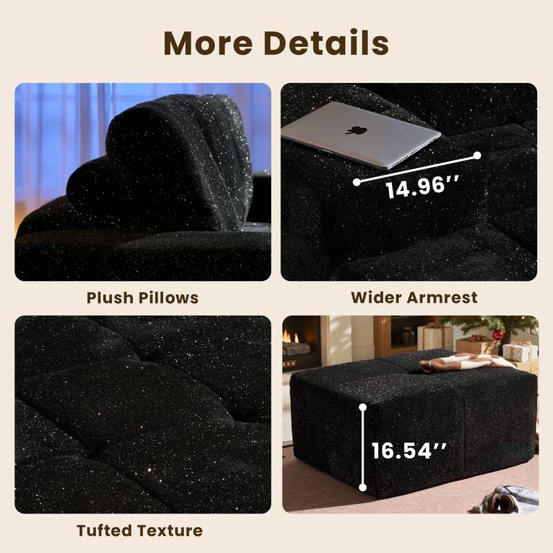 HOOOWOOO Modern Sparkly Velvet Fabric Chaise Sofa Couch with Ottoman