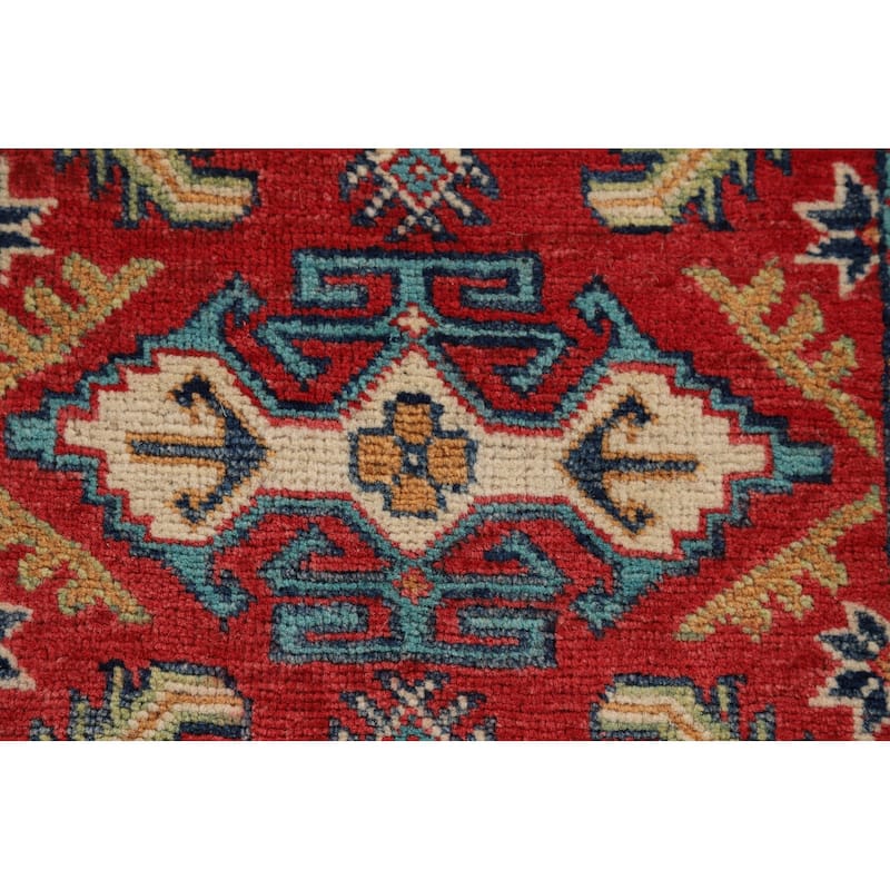 Red Geometric Kazak Oriental Accent Rug Hand-Knotted Wool Carpet - 2'0" x 2'10"