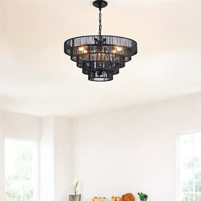 24" Rustic 5-Tier Black Hemp Rope Pendant Light Chandelier,No Bulb
