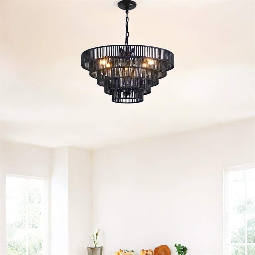 24" Rustic 5-Tier Black Hemp Rope Pendant Light Chandelier,No Bulb