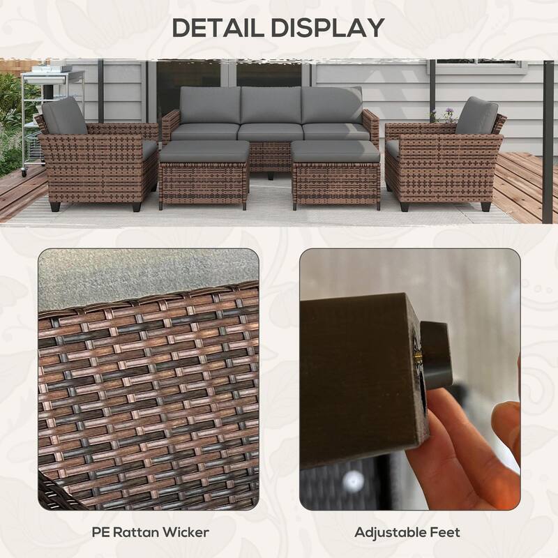 5PC PE Rattan Patio Set, Armchairs, Footstools, Cushions