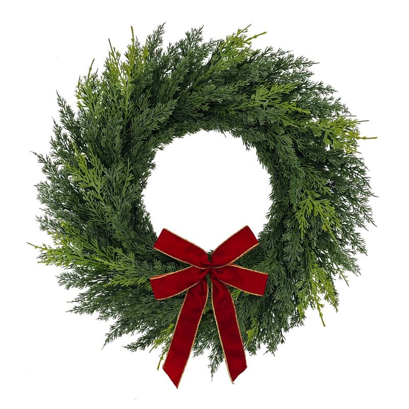 Cypress and Bow Ribbon Artificial Christmas Wreath - 22" - Unlit