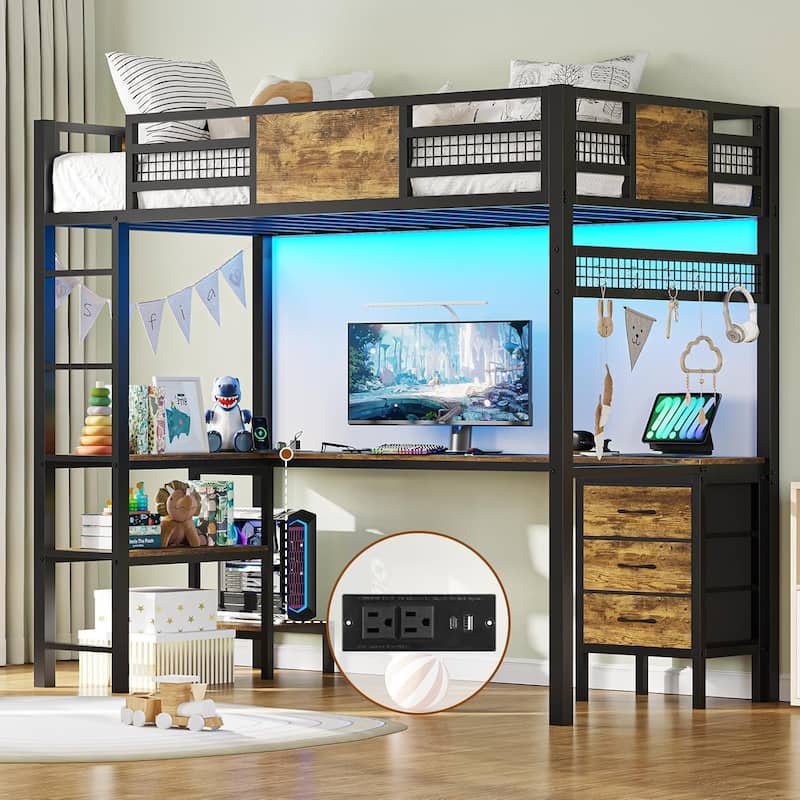 Loft Bed with Desk Gaming Bunk Bed LED Lights Charging Station