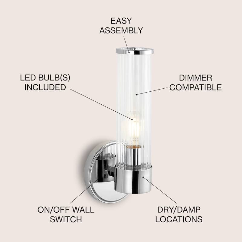 Cecil 6" 1-Light Tall Cylinder Iron/Striped Glass Modern Mid-Century LED Vanity, Chrome by JONATHAN Y