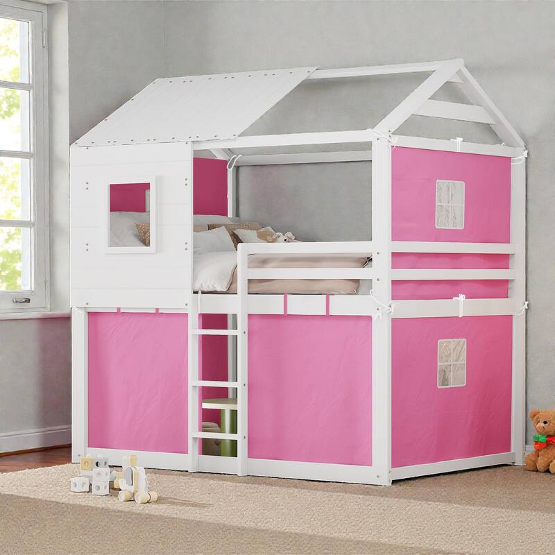 Twin/Full Wood House Bunk Bed with Tent, Playhouse Design, Windows & Roof, Solid Wood Frame, No Box Spring Required
