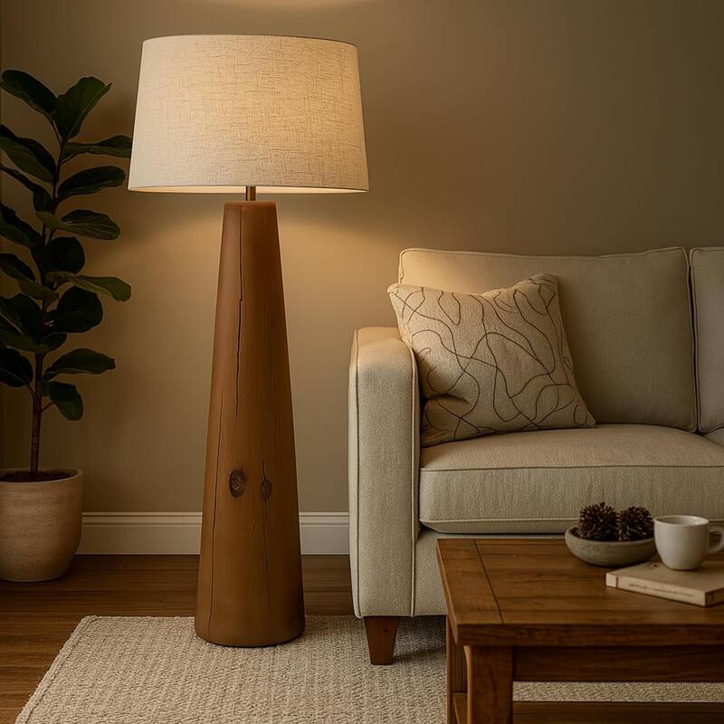 Brown 59" Tall Resin Floor Lamp with Woodgrain Base and Linen Shade
