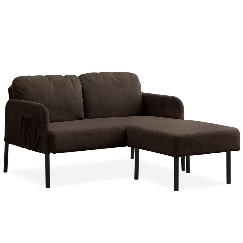 L-Shaped 2 Seater Sofa with Ottoman, Modern Polyester Fabric Loveseat Sofa, Comfy Small Couches for Small Space - Brown