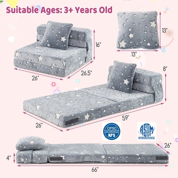 Flannel Kids Sofa Bed with Glow Patterns and Foldable Lounger Design - Mattress: 66" × 26" × 4" (L × W × H)