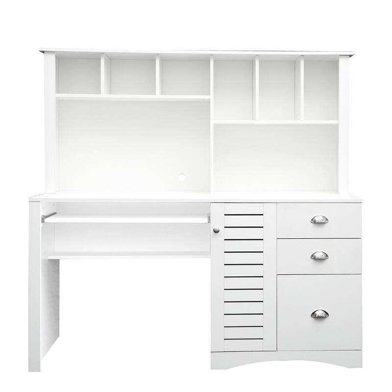 Roomfitters Home Office Computer Desk with Hutch, Spacious Workstation with Drawers and Cabinet Storage, Antiqued White