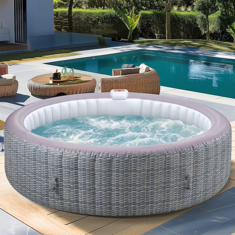 82''Inflatable Hot Tub w/Heating & Filters，Portable Hot Tub for Home Spa，6 Person Round Pool - woven  rattan