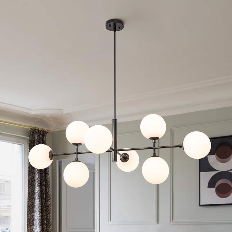 Mid-Century 8-Light Opal Glass Globe Sputnik Island Chandelier - Black