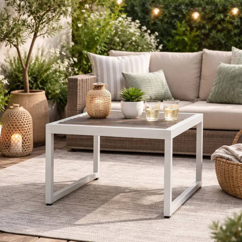 Kili 35 Inch Coffee Table, Gray Polyresin Top, Crisp White Aluminum Frame