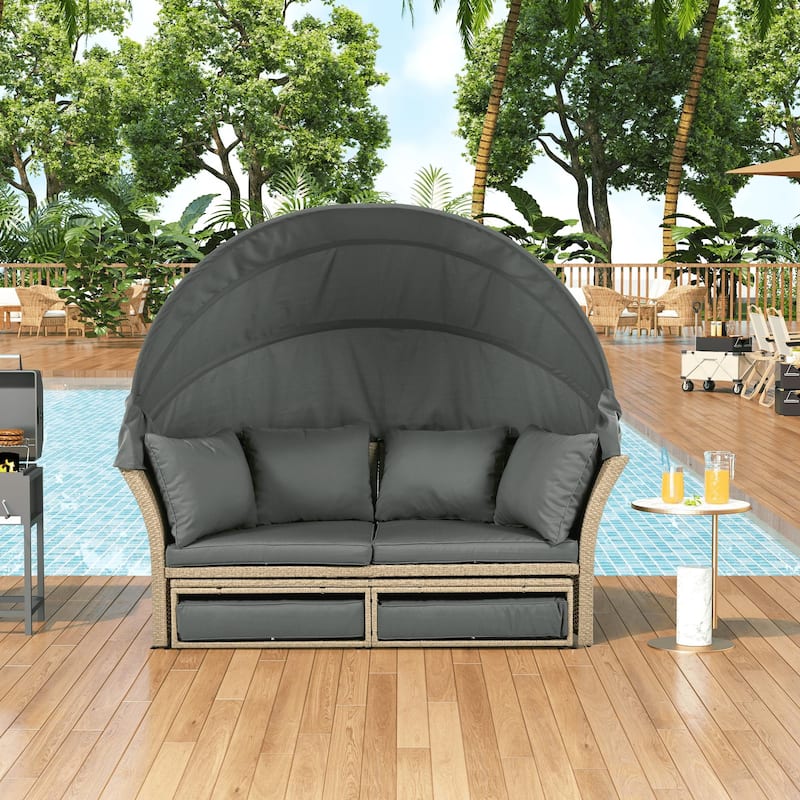 Outdoor Patio Daybed Wicker Rattan Double Daybed Round Sofa Furniture Set with Retractable Canopy