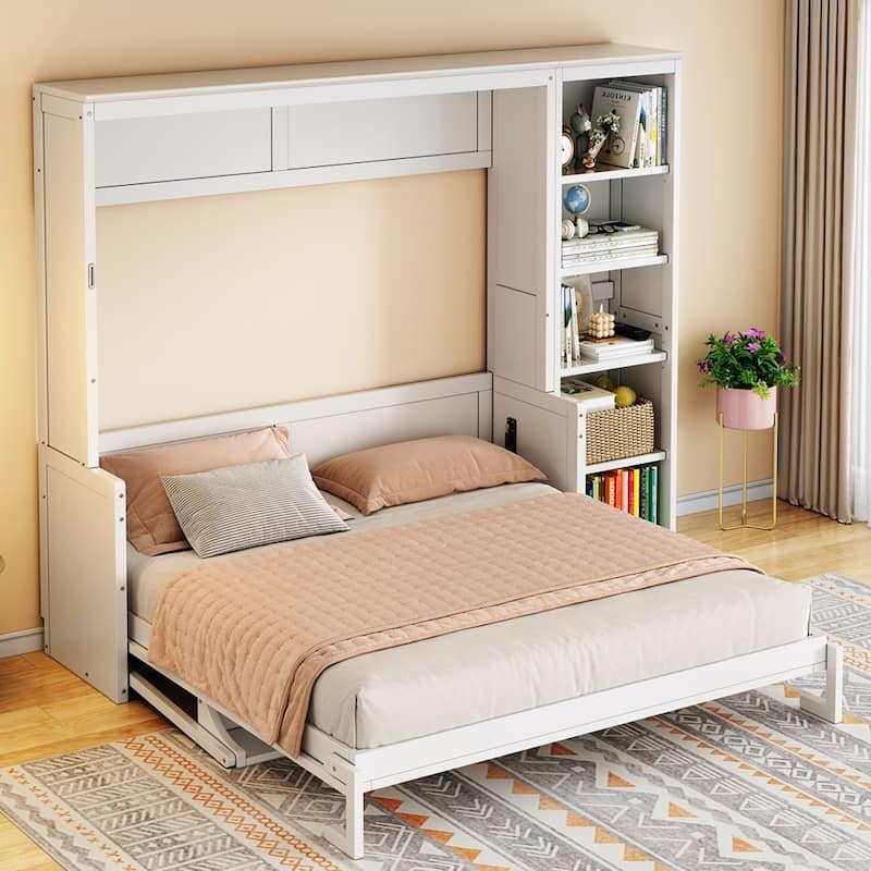 Queen/Full Size Wood Murphy Bed Foldable Wall Bed with Desk and Bookshelf