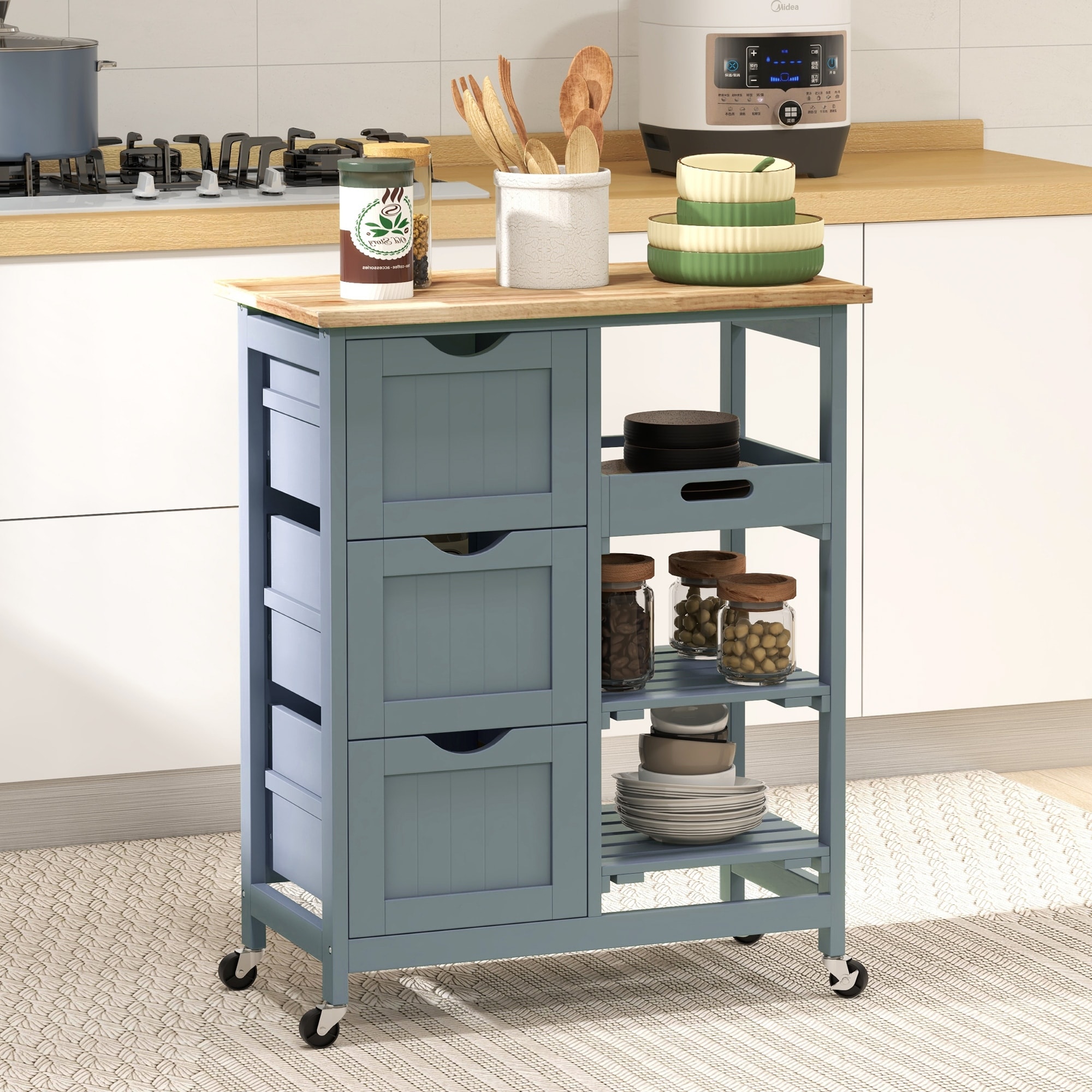 26" Rolling Kitchen Cart with Removable Tray & 2 Slatted Shelves, Mobile Kitchen Island with Drawers