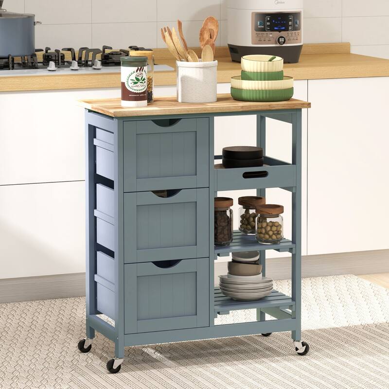 Kitchen Island Cart Rolling with Solid Wood Top, 3 Drawers, 3 Removable Shelves, Serving Utility Carts for Dining Room