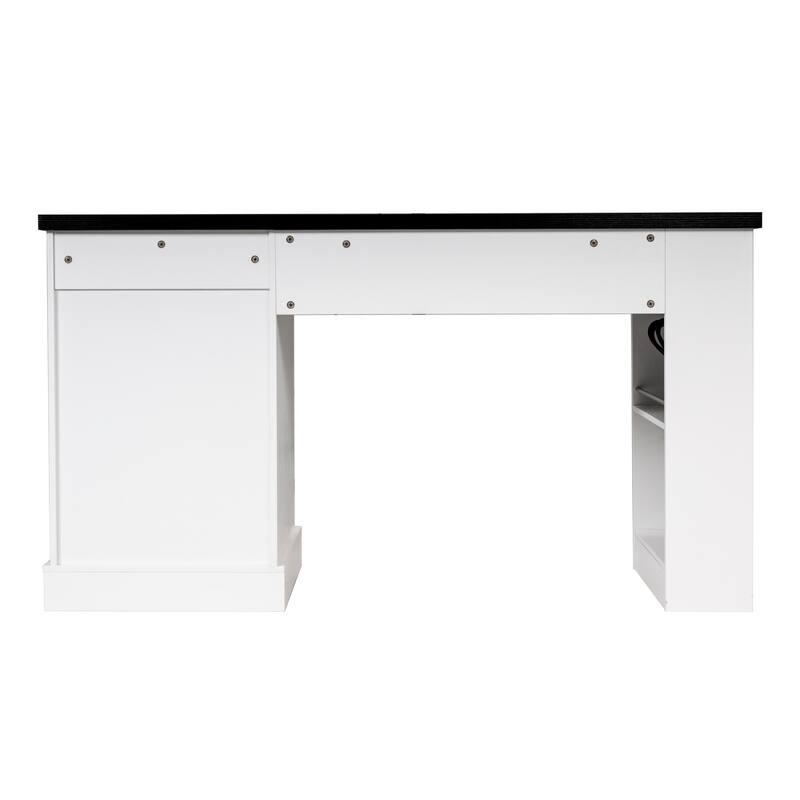 Roomfitters 55" Modern Fluted Office Desk with Charging Station, Storage Cabinet & Pegboard