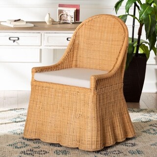 Maya Natural Rattan Accent Chair - Hand Woven Wicker Dining Chair with Scalloped Skirt and Cushion, Coastal Boho Style Seating