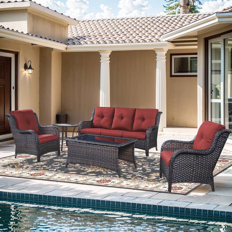 Pocassy Outdoor Patio Sofa Chairs with Coffee Table - 5 Pieces 3-Seat Sofa Patio Chair with Table - Brown Rattan Red Cushion