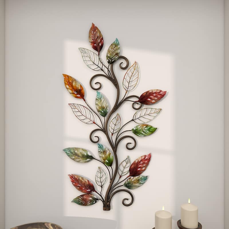 Multi Colored Metal Leaf Home Wall Decor with Scrolled Vine and Wire Leaf Accents