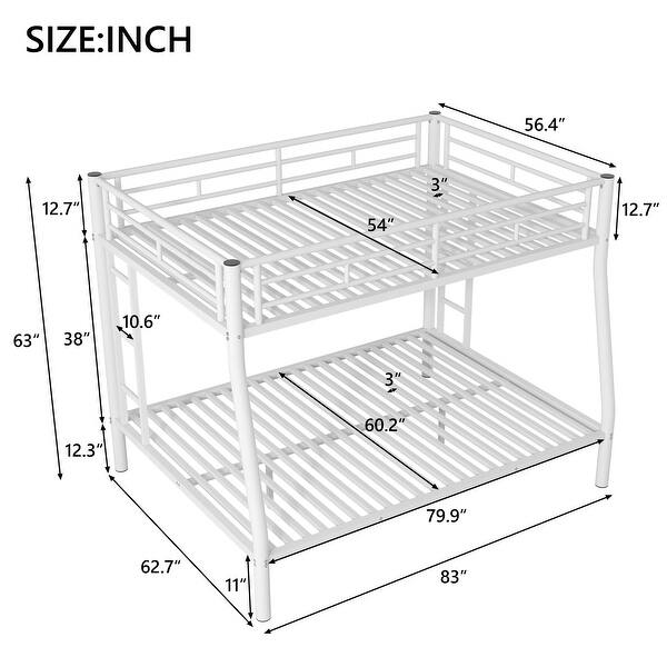 dimension image slide 2 of 3, Full XL over Queen Size Metal Bunk Bed with Ladder, Fence, and Guardrails for Kids