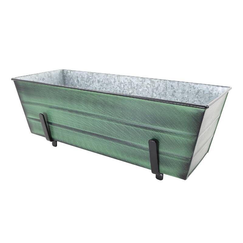 Achla Designs Medium Galvanized Steel Flower Box Planter With Brackets for 2 x 6 Railings, 24 Inch Wide - Green