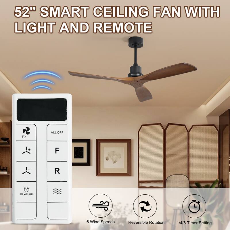 Sofucor 48/52 Inch Ceiling Fan with Light, Solid Wood Blades for Living Room, Bedroom,Smart Optional