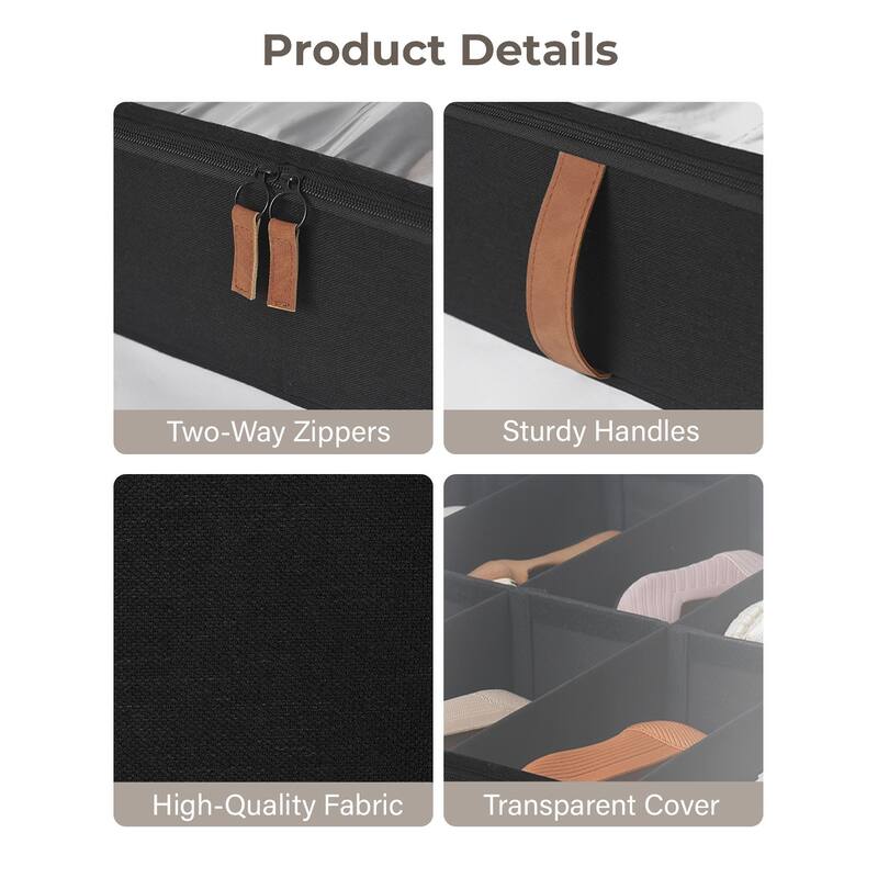 2-Pack Underbed Shoe Storage Organizer with Adjustable Dividers, 24 Pairs Fabric Shoe Storage Box - 30" W x 24.5" D x 5.25" H