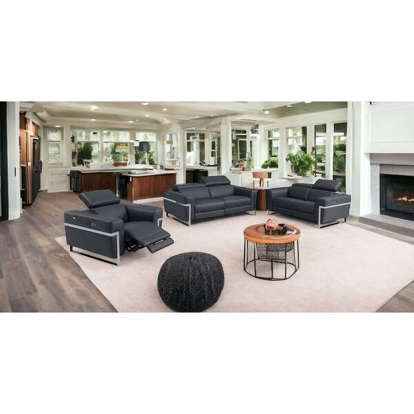 Three Piece Indoor Dark Gray Italian Leather Six Person Seating Set Three Piece Indoor Dark Gray Italian Leather Six Person Seating Set